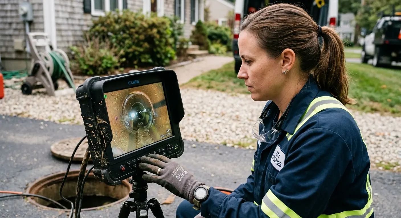 Technician reviewing sewer camera inspection footage in Sterling