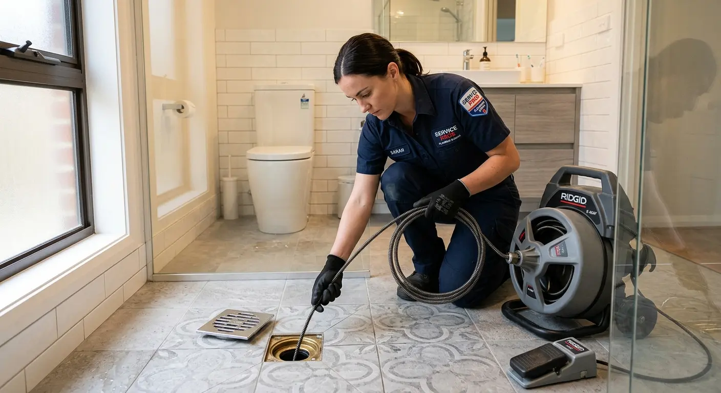 Technician clearing a bathroom floor drain for Sewer Line Replacement in Sterling
